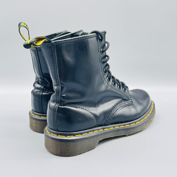 Dr Martens Boot Women 6 Black Leather Ankle Lace Up Combat AirWair Yellow Stitch - Picture 8 of 11